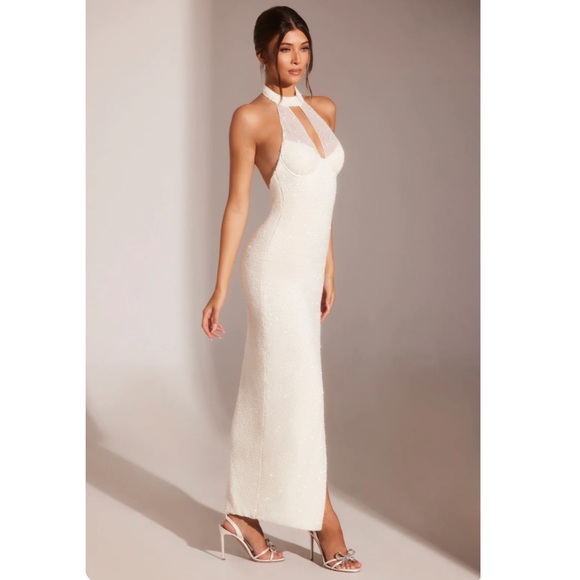 Oh Polly Embellished High Neck Halter Keyhole Cut Out Evening Gown Bridal - Picture 2 of 8